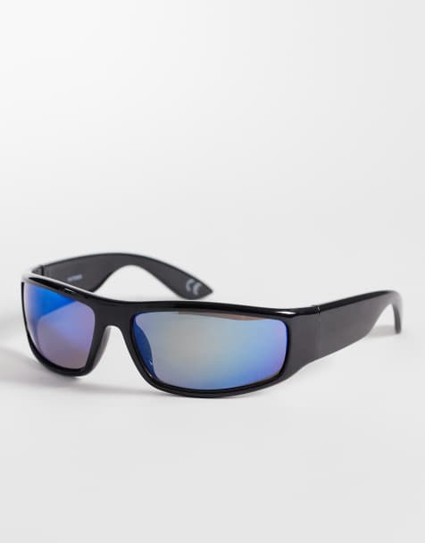 ASOS DESIGN - Sorte solbriller med omkringgående stel og reflekterende blå glas - view 1