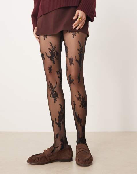 ASOS DESIGN - Sorte tights med stort abstrakt blomstermønster - view 1