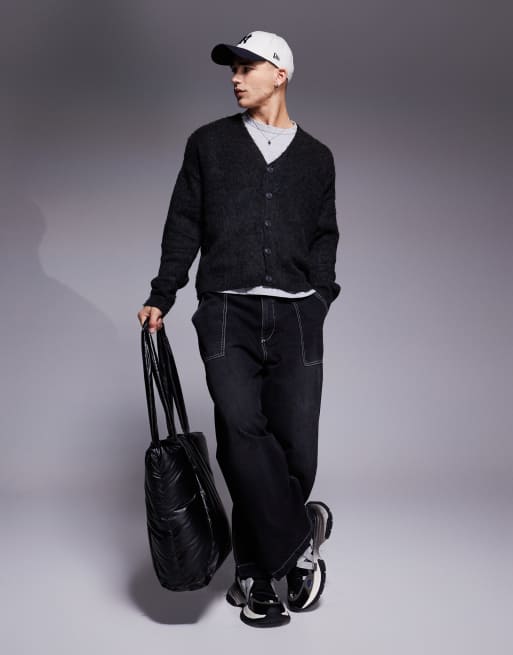 ASOS DESIGN - Sortmeleret afslappet cardigan med firkantet pasform i fluffy strik, 2 af 4