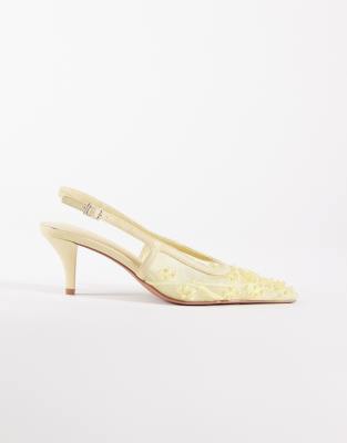ASOS DESIGN Soulmate beaded slingback kitten heels in lemon mesh