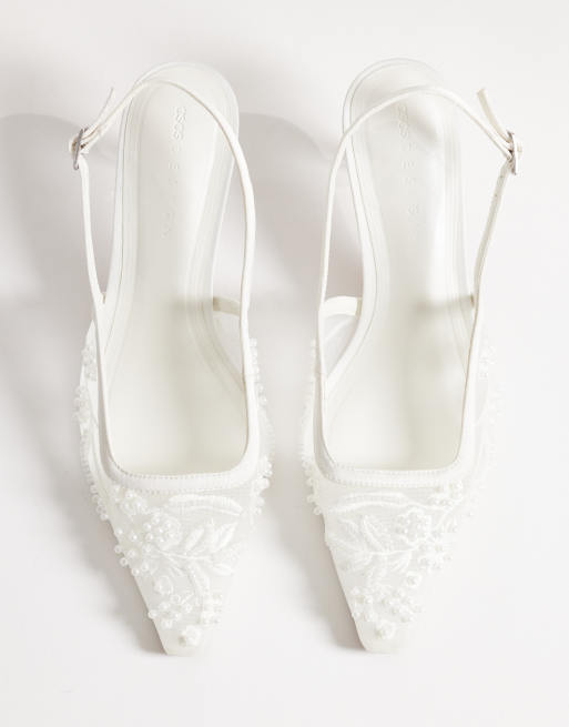 ASOS DESIGN Soulmate beaded slingback toe kitten heels in ivory mesh, 2 of 4