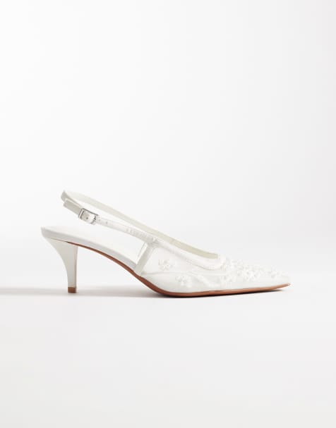 ASOS DESIGN – Soulmate – Perlenbesetzte Slingback-Schuhe aus elfenbeinfarbenem Netzstoff mit Kitten-Absatz - view 1