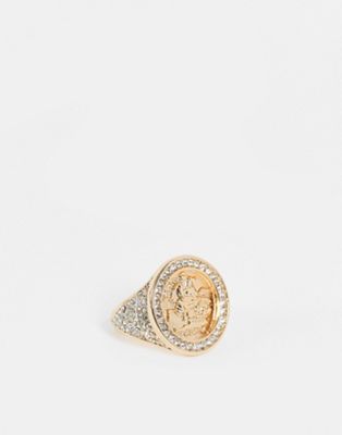 ASOS DESIGN sovereign ring with horse design and diamante border in mixed metal