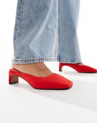 ASOS DESIGN Soy square toe mid heeled mules in red