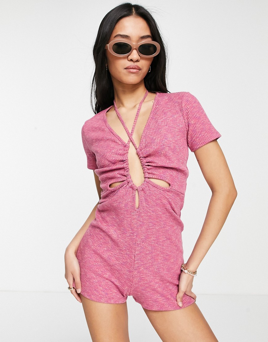 ASOS DESIGN space dye cut out ruched playsuit in pink
