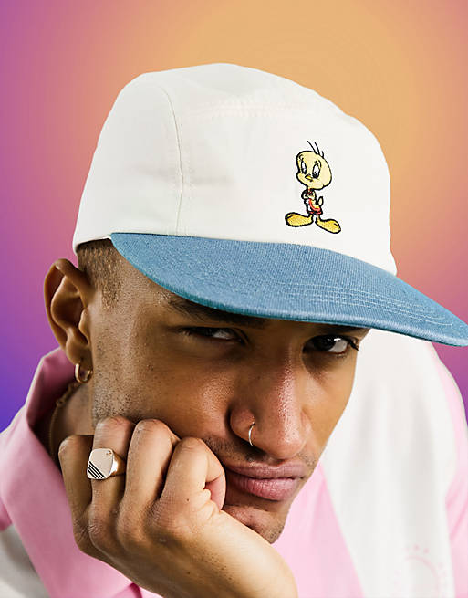 ASOS DESIGN Space Jam: A New Legacy 5 panel retro style cap in denim and stone with tweety pie embroidery