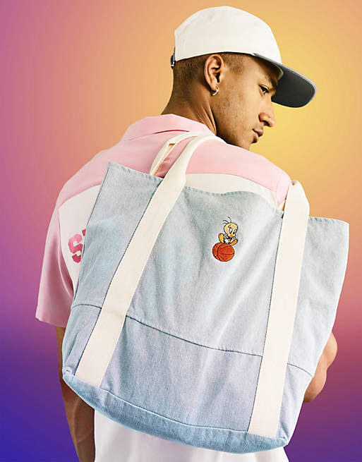 ASOS DESIGN Space Jam: A New Legacy oversized tote bag in denim with tweety pie embroidery