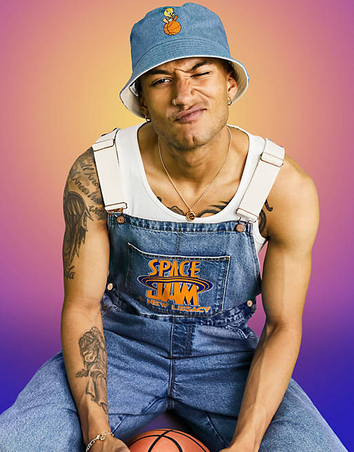 ASOS DESIGN Space Jam: A New Legacy reversible bucket hat in denim and stone with tweety pie embroidery