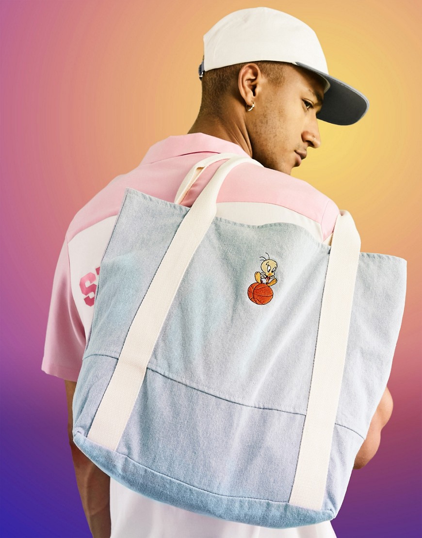 ASOS DESIGN Space Jam: A New Legacy oversized tote bag in denim with tweety pie embroidery-Blues