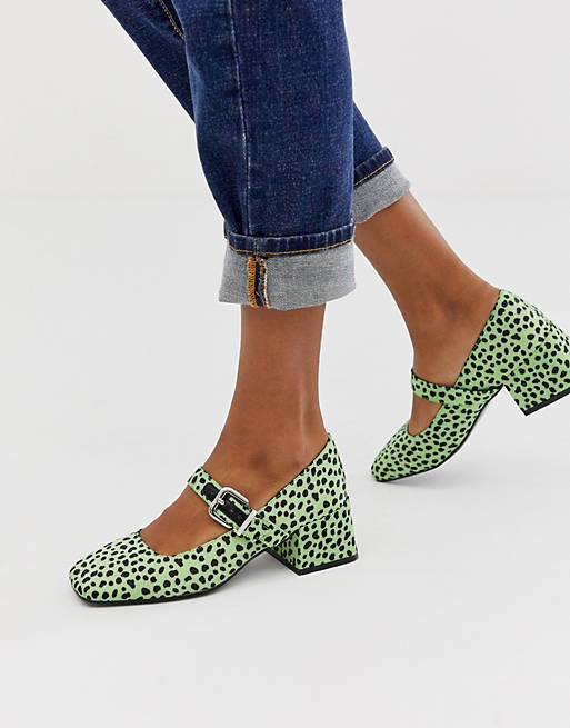 ASOS DESIGN Space square toe mary jane mid heels in lime spot