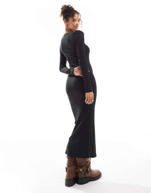 ASOS DESIGN spaced ribbed long sleeve scoop midi dress in black