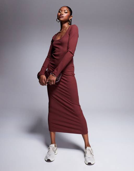 ASOS DESIGN spaced ribbed long sleeve scoop midi dress in burgundy ASOS
