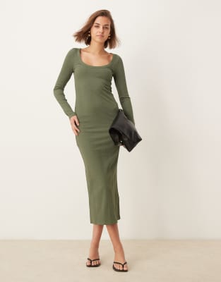 asos design spaced ribbed long sleeve scoop midi dress in olive green