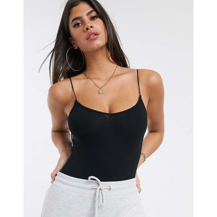 ASOS DESIGN Petite cami bodysuit with corset bust seams in black