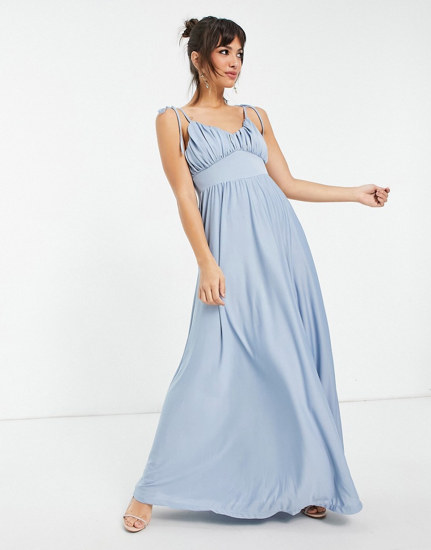 ASOS DESIGN spaghetti strap ruched bust maxi dress in mid blue-Blues