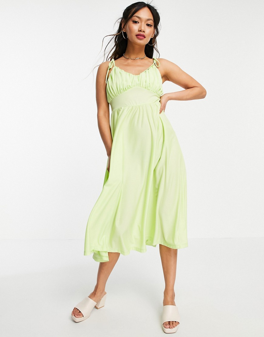 ASOS DESIGN spaghetti strap ruched bust midi dress in lime-Green