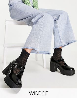 Femme Spark - Chaussures pointure large style babies chunky à talon haut - Noir verni
