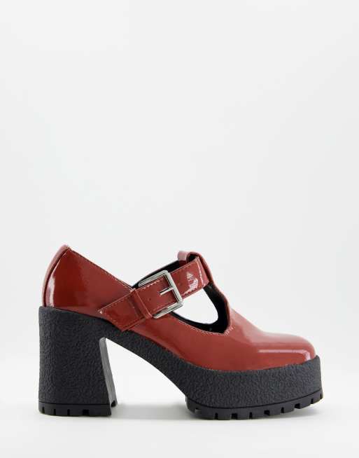 ASOS DESIGN - Spark - Lakleren Mary Jane-schoenen met hoge hak en dikke zool in roestbruin