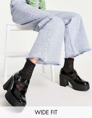 ASOS DESIGN - Spark - Mary-Janes mit dicker Sohle und hohem Absatz in Schwarz lackiert, in weiter Passform