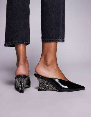Asos Design Spark Mid Wedge Mule With Rhinestone Heel In Black