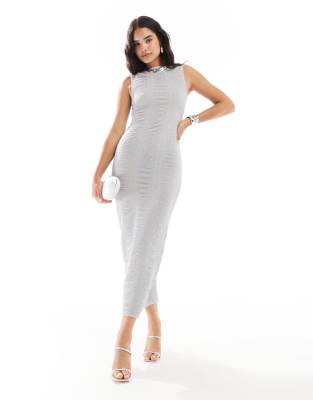 Asos Design Sparkle Midi Dress With Low Back In Silver In Metallic