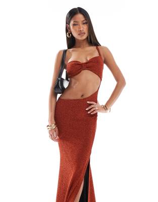 asos design sparkle one shoulder faux-ord maxi dress in rust
