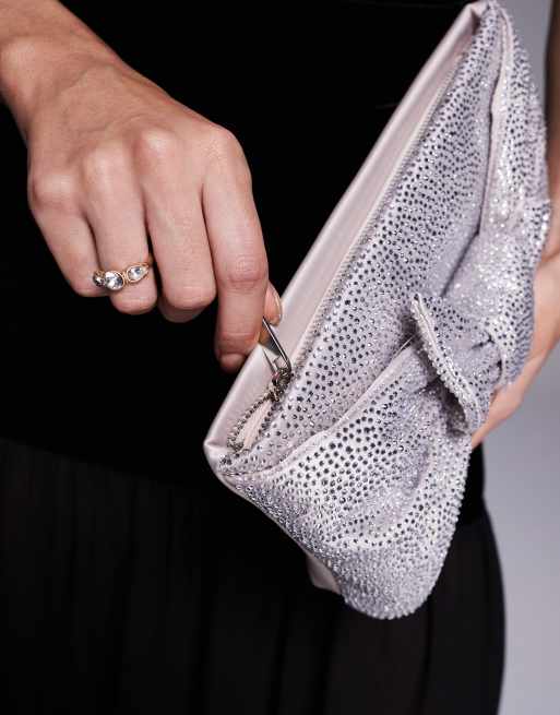 ASOS DESIGN sparkly diamante large bow front clutch bag in pink, 2 of 4