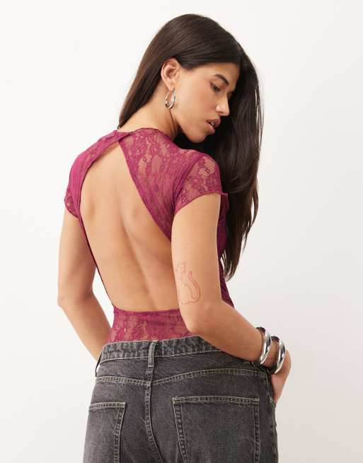 ASOS DESIGN spetsbody med utsvängda ärmar i burgundy, 4 av 4