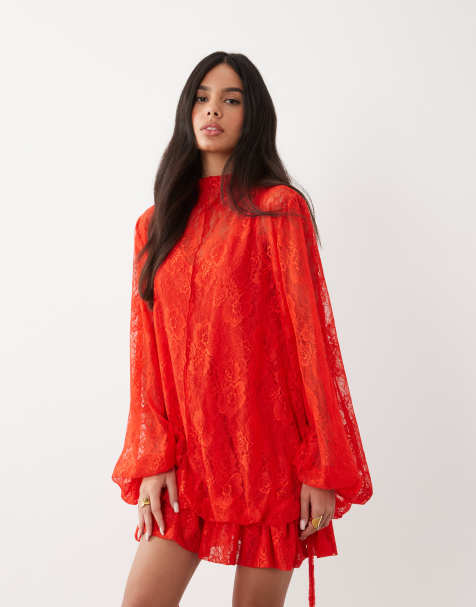 ASOS DESIGN spetsminiklänning med blusärmar och detalj vid fållen i rött - view 1