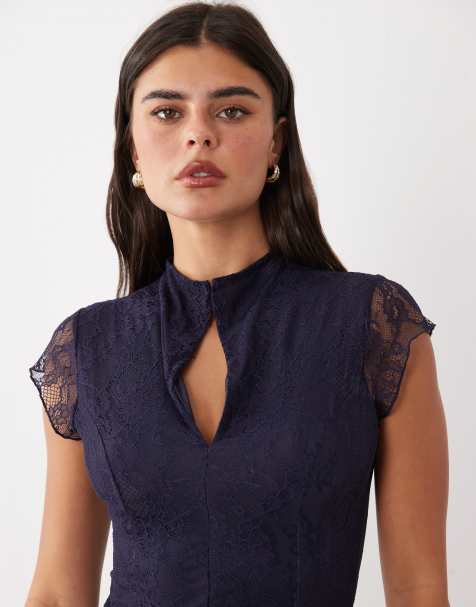 ASOS DESIGN spetstopp med utsvängda ärmar i marinblått - view 1
