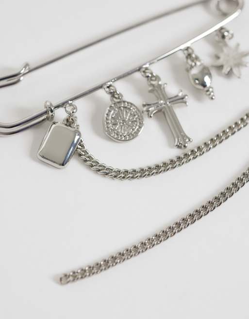 ASOS DESIGN spilla da balia con ciondolo e catenina color argento, 2 di 3