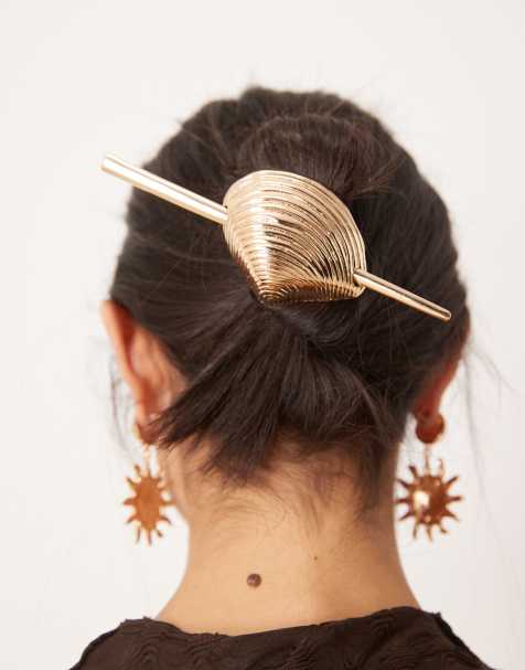 ASOS DESIGN hair pin with shell cuff in gold tone