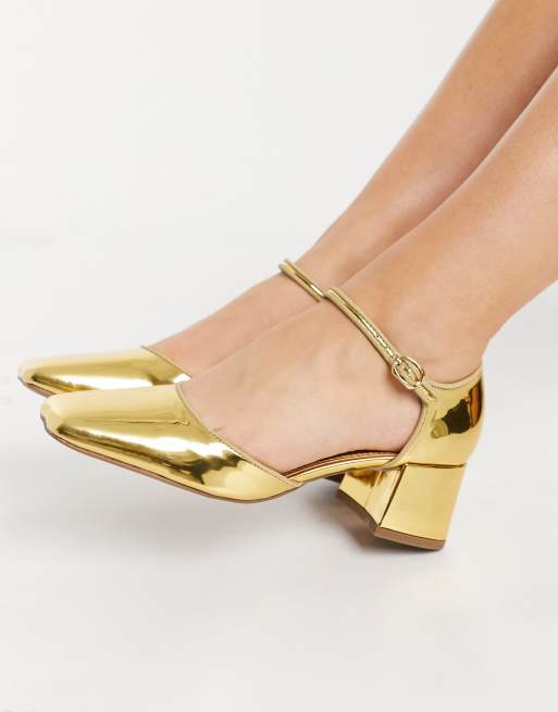 ASOS DESIGN Spirit square toe mary jane mid heels in gold, 2 of 4