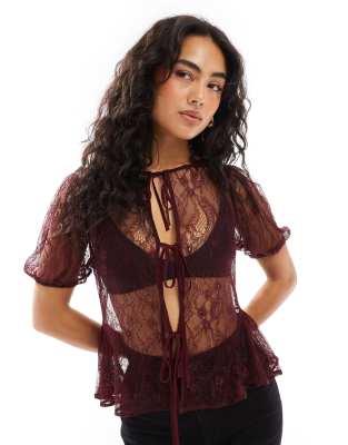 ASOS DESIGN - Spitzen-Bluse in Burgunderrot mit gebundener Vorderseite