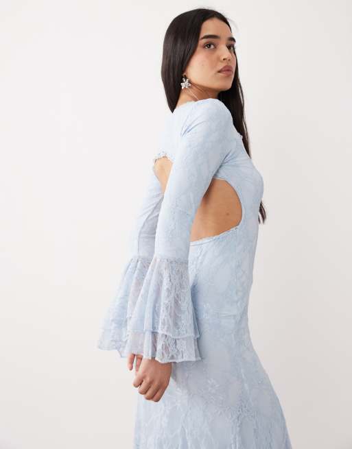 ASOS DESIGN – Spitzen-Maxikleid in Blau mit Godet-Einsätzen und ausgestellten Ärmeln, 4 von 4