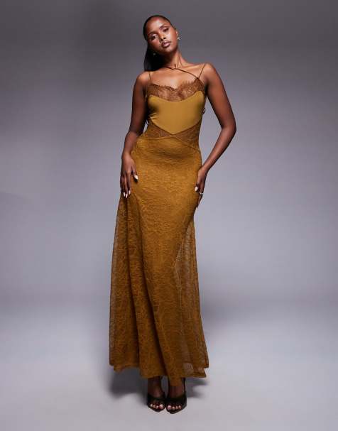 ASOS DESIGN – Spitzen-Maxikleid in Bronze mit asymmetrischen Trägern - view 1