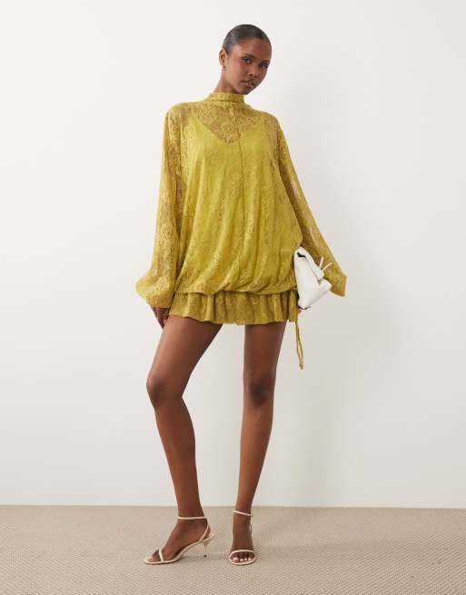 ASOS DESIGN – Spitzen-Minikleid in Grün mit Blousonärmeln und Saumdetail, 2 von 4