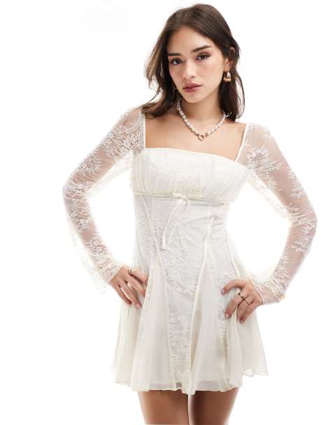 ASOS DESIGN – Spitzen-Minikleid in Weiß mit Godet- und Schleifendetail - view 1