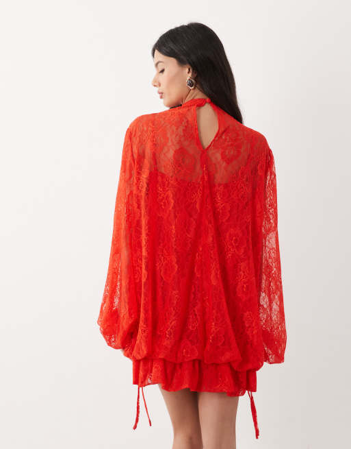ASOS DESIGN Spitzen-Minikleid mit Blousonärmeln und Saumdetail in Rot, 3 von 4