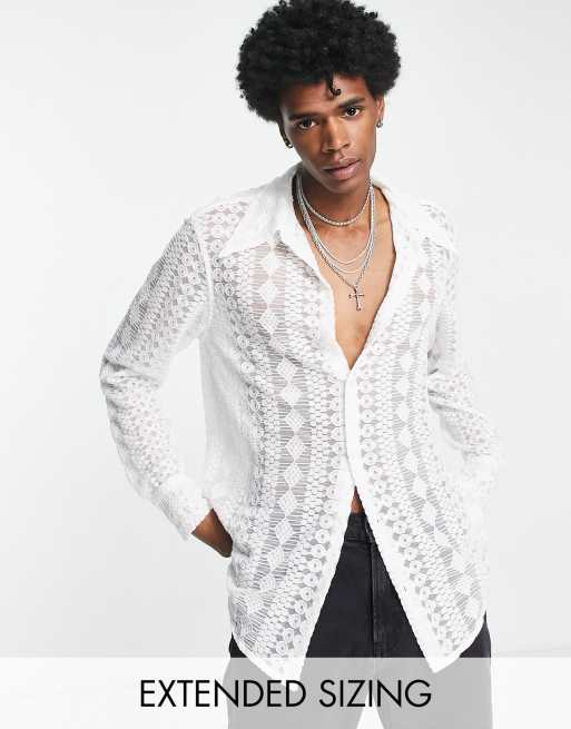 ASOS DESIGN – Spitzenhemd in Weiß mit 70er-Kragen und abgerundetem Saum - WHITE