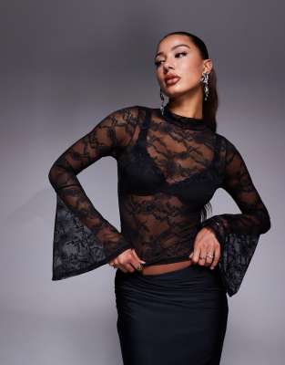 Thumbnail - ASOS DESIGN - Spitzenoberteil in Schwarz mit Trompetenärmeln und Stehkragen