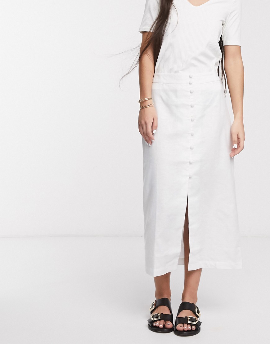 ASOS DESIGN splendid linen button through midi skirt-White
