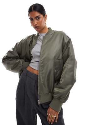 spliced bomber jacket in olive and gray-Green