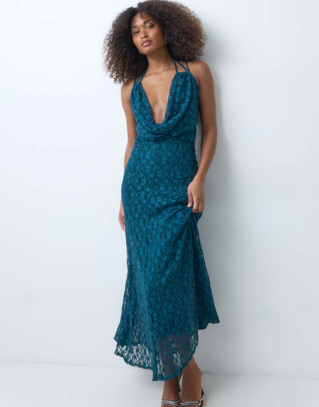 ASOS DESIGN spliced deep cowl lace maxi dress with contrast godets in blue