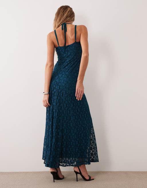 ASOS DESIGN spliced deep cowl lace maxi dress with contrast godets in blue, 3 of 4