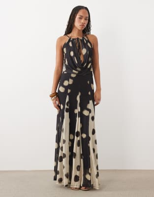Asos Design Spliced Deep Cowl Spot Printed Maxi Dress With Contrast Godets In Multi