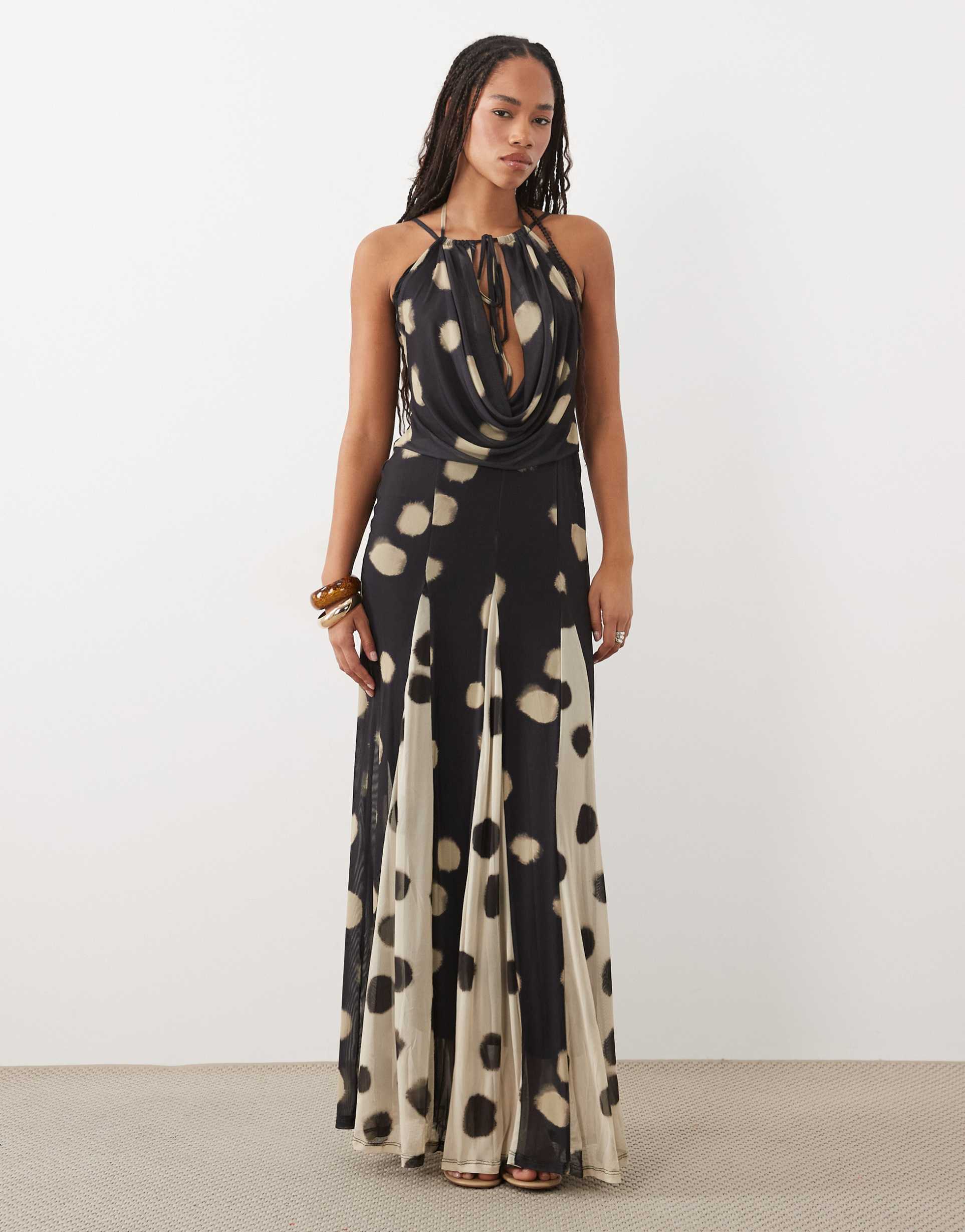 asos design spliced deep cowl spot printed maxi dress with contrast godets in black