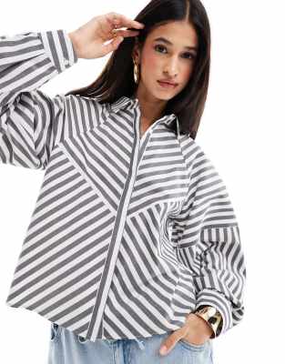 Asos Design Spliced Detail Balloon Sleeve Shirt In Gray Stripe-black