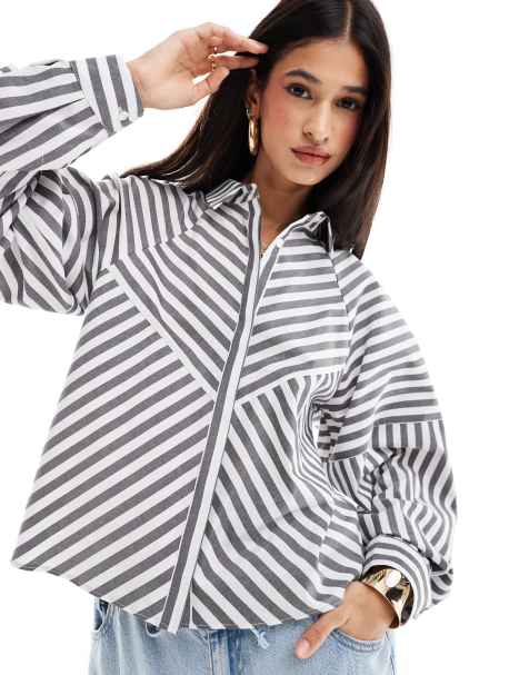 ASOS DESIGN spliced detail balloon sleeve shirt in grey stripe - view 1