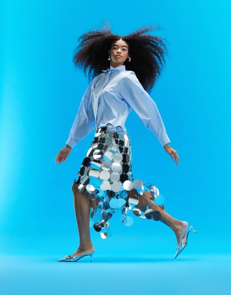 ASOS DESIGN spliced detail volume shoulder shirt in blue - view 1